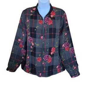 Floral Plaid Bomber Jacket Zip Front Stylish whimsygoth flowercore cottagecore
